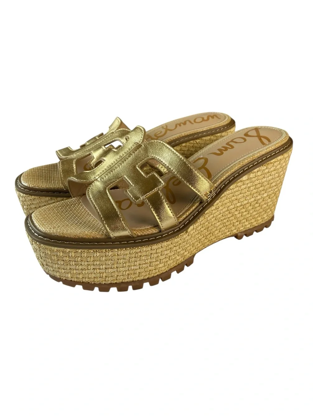 Sam Edelman Laine Gold Leather Platform Espadrille Wedge Sandals Size 9 NWOB